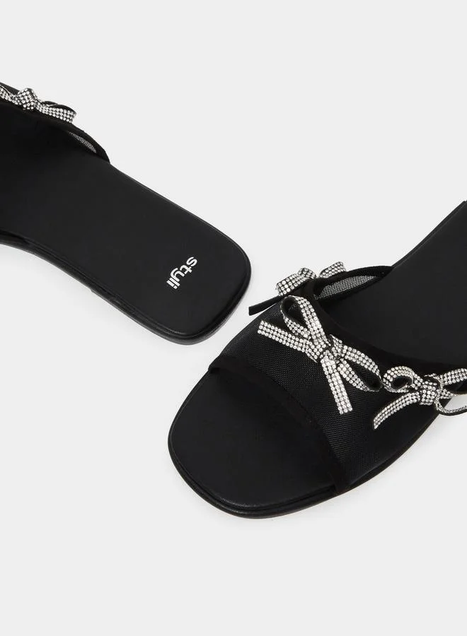 Styli Black Embellished Bow Trim Mules